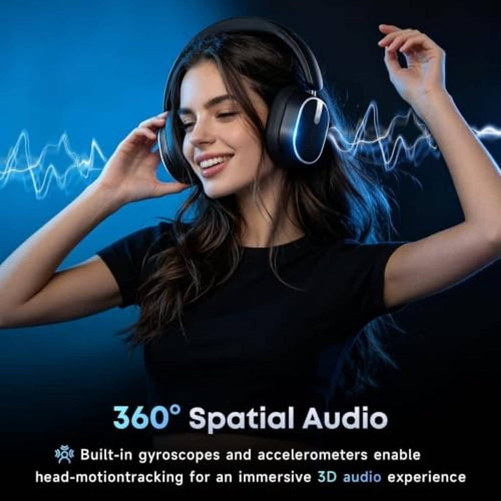 Black over-ear Bluetooth headphones on a woman, with lighted ring accents on earcups