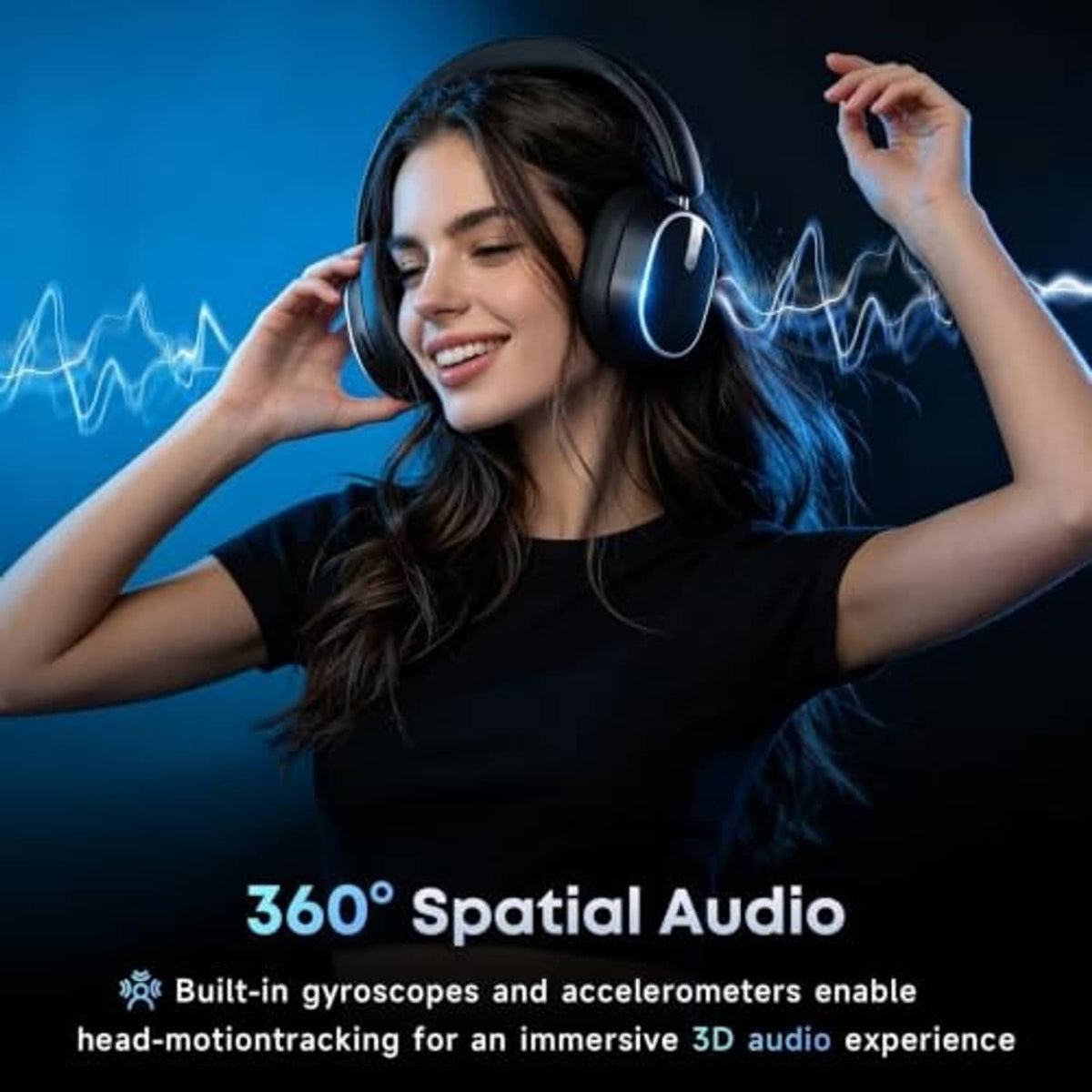 Black over-ear Bluetooth headphones on a woman, with lighted ring accents on earcups