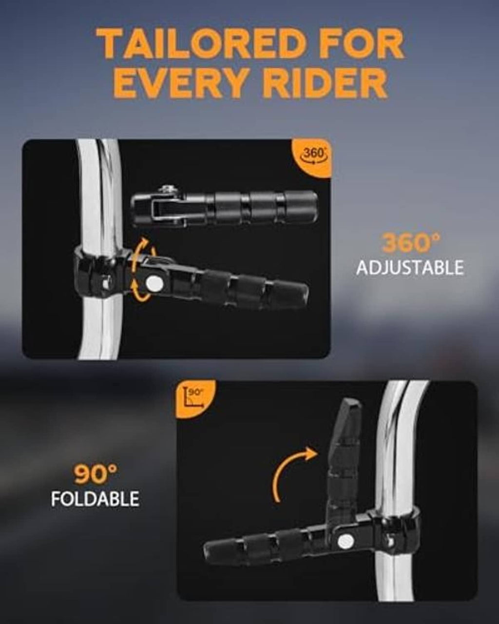 Black adjustable highway footpeg mount with 360° rotation and foldable design