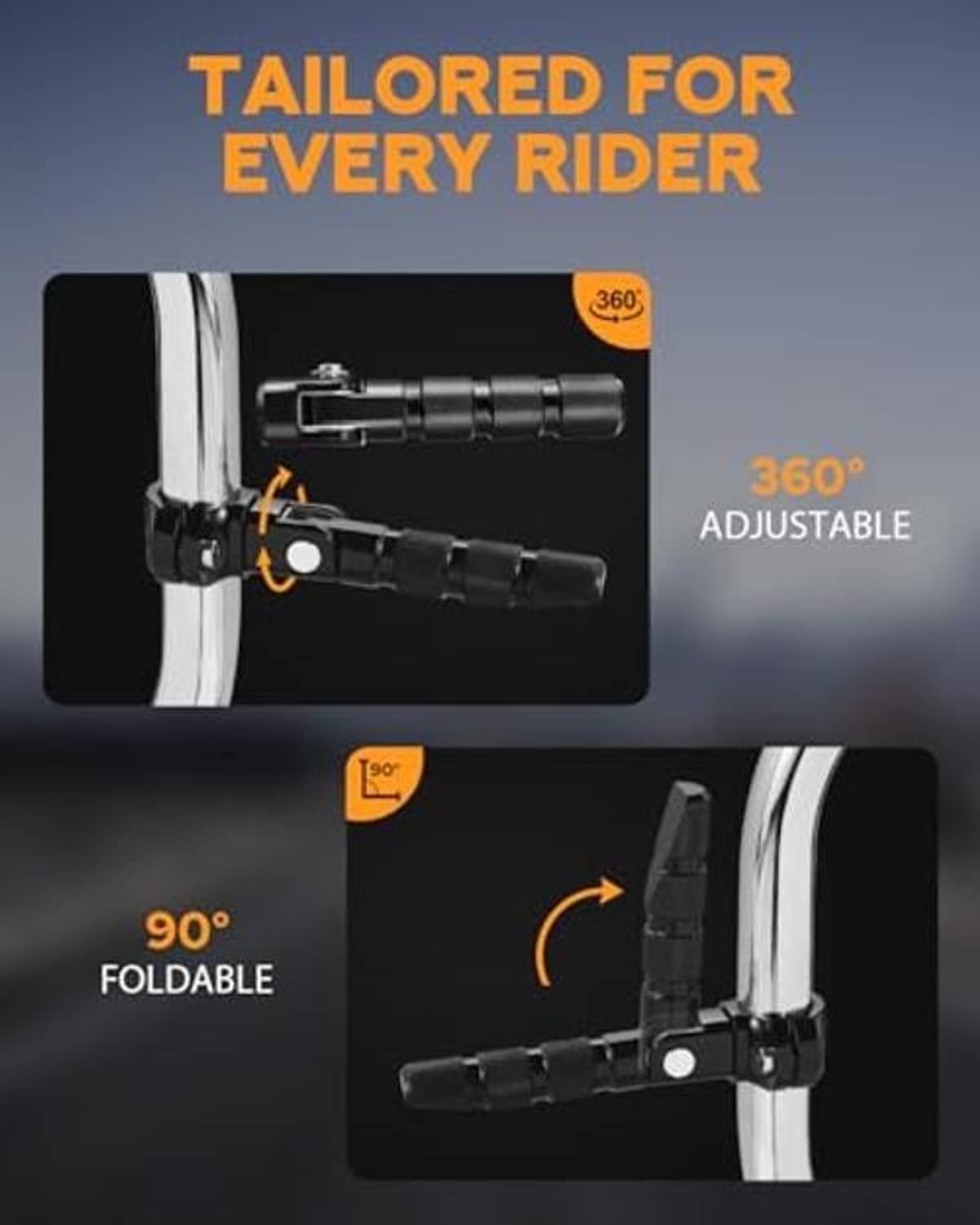 Black adjustable highway footpeg mount with 360° rotation and foldable design