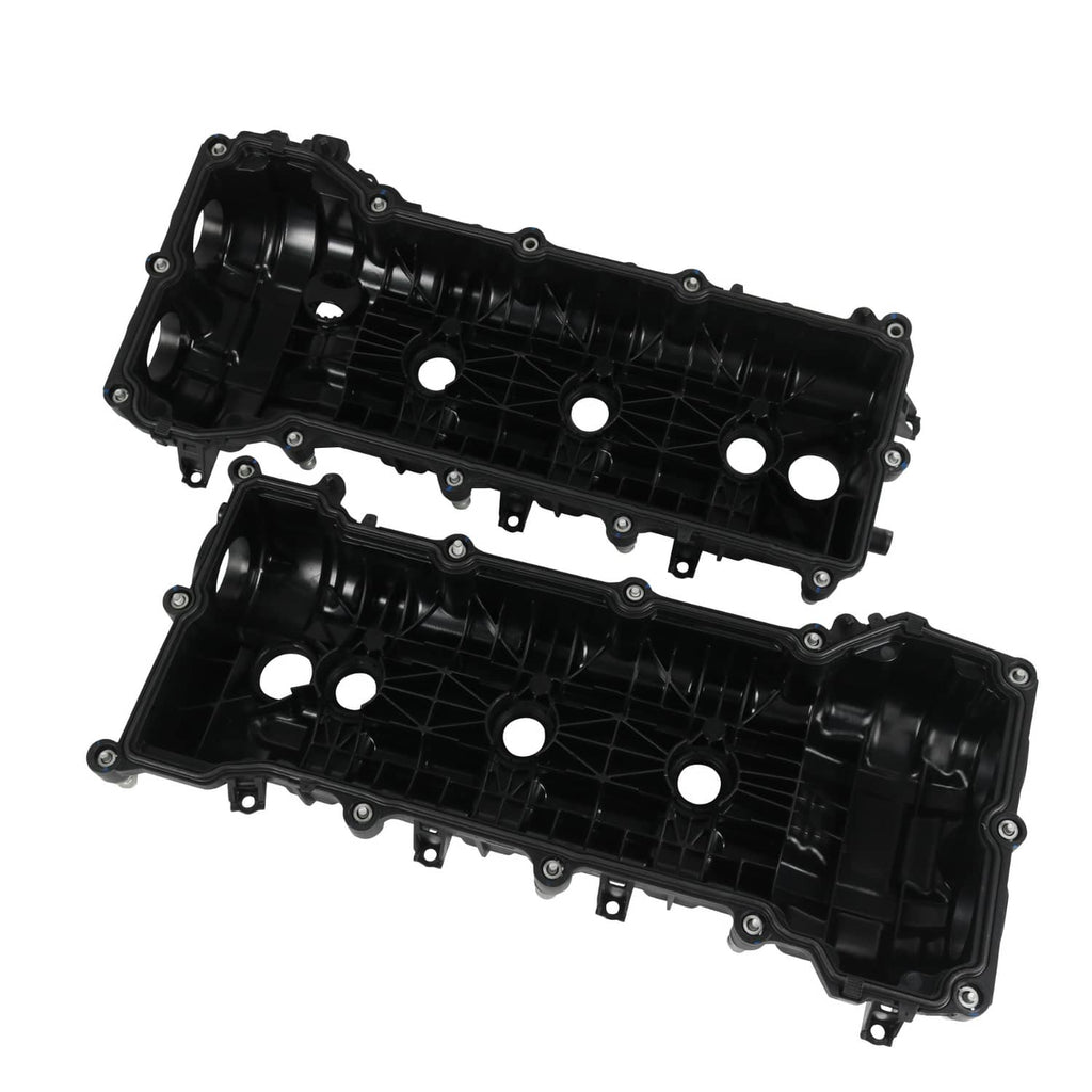 Black valve cover set underside view with gasket surface and bolt holes.