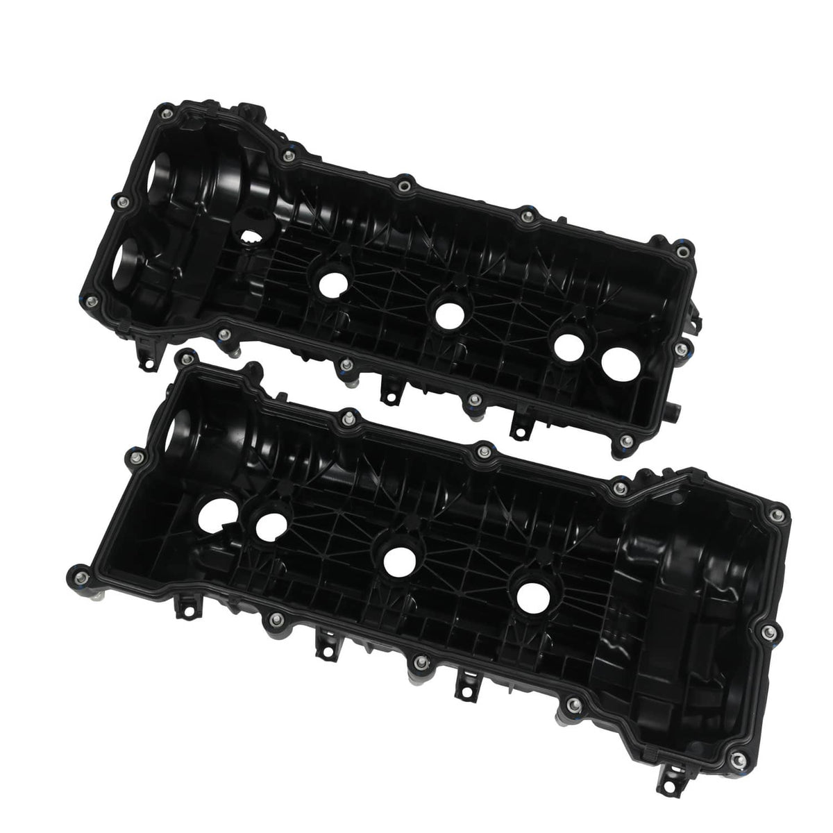 Black valve cover set underside view with gasket surface and bolt holes.