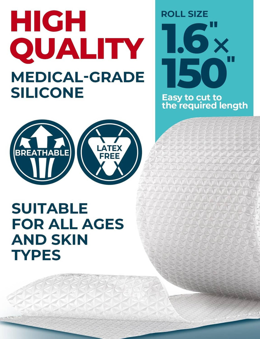 Transparent medical-grade silicone scar tape roll, 1.6 in x 150 in, cut to size