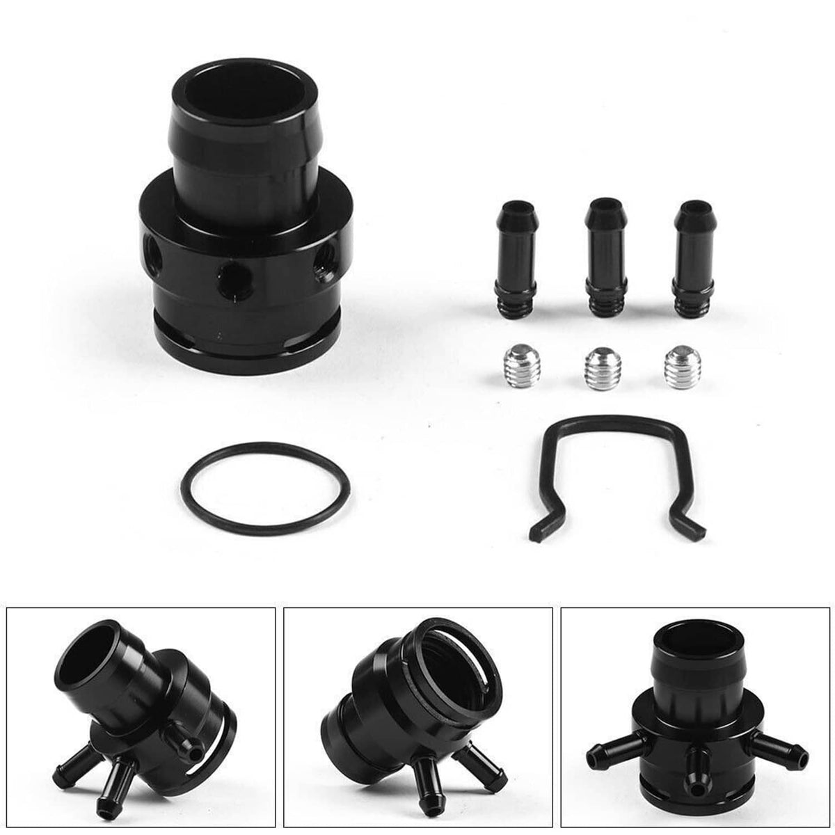 Black vacuum sensor adapter kit with O-ring, two U-clips, and three metal fittings