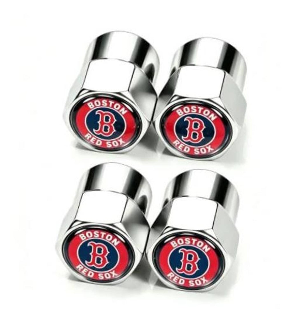 Set of four silver tire valve stem caps with Boston Red Sox logo emblems
