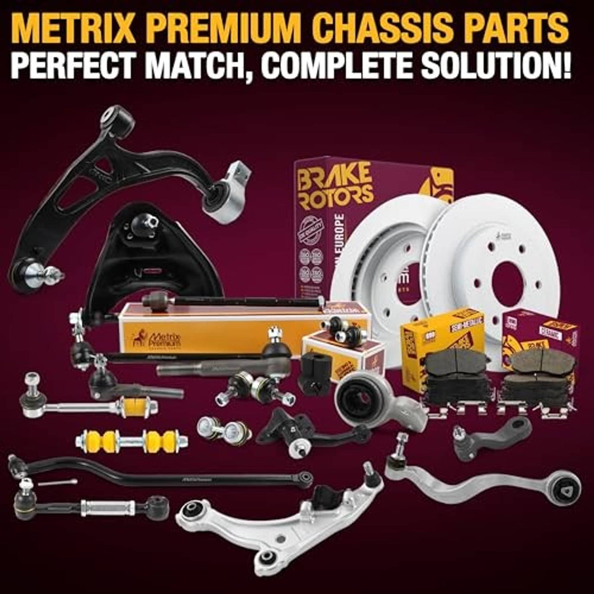 Chassis parts bundle illustration with control arms, ball joints, brake rotors, and hardware