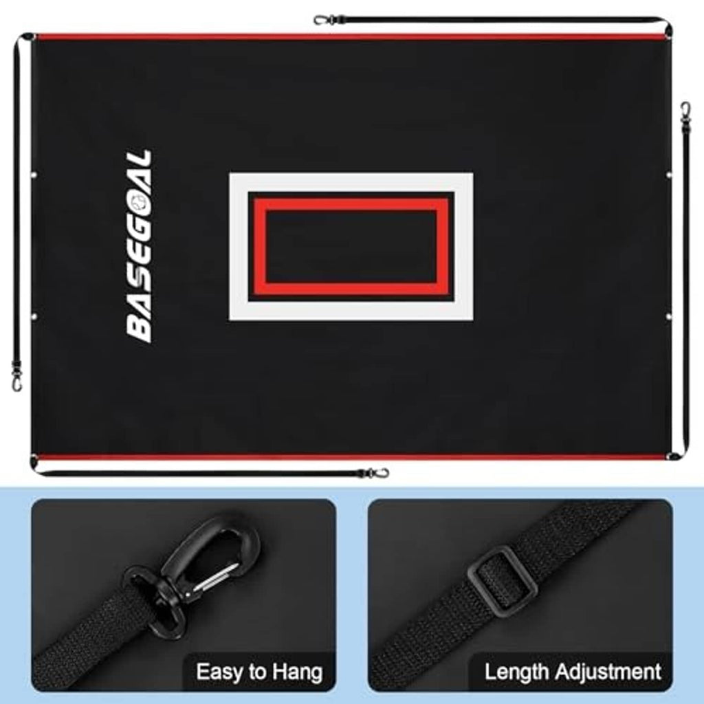 Black vinyl backstop with BaseGOAL logo, red strike-zone rectangle, and metal corner grommets