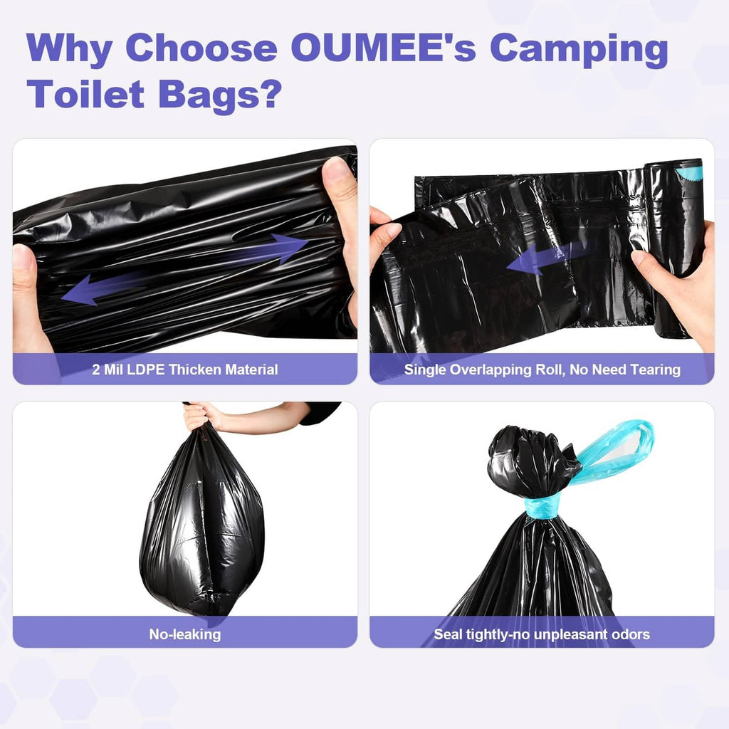 Black portable toilet bag liners with overlapping roll layers and sealed liner panels