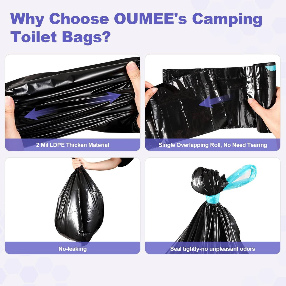Black portable toilet bag liners with overlapping roll layers and sealed liner panels