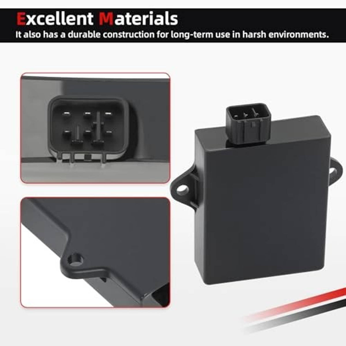 Black CDI ignition module with visible 4-pin connector and round mounting hole