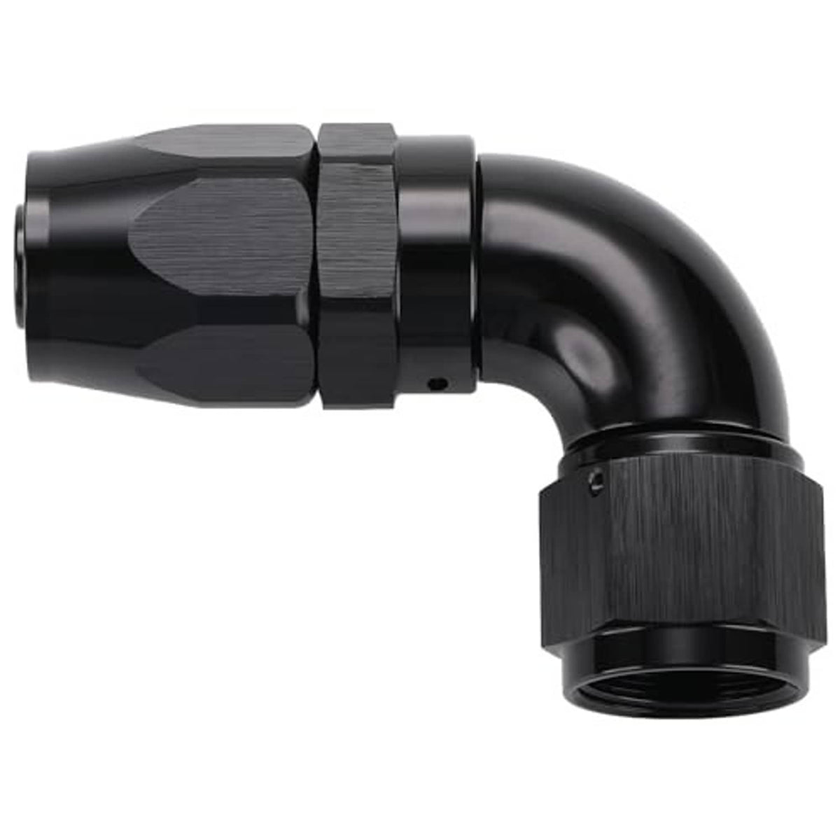 Black 90-degree swivel hose end fitting, 10AN, with textured adapter nut and elbow