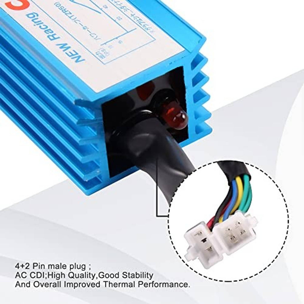 Blue CDI ignition box corner with ventilation fins and 4+2 pin male plug