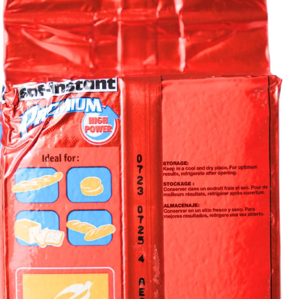 Close-up of red saf-instant yeast pouch side with storage and usage label