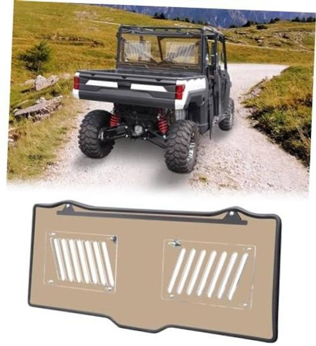 Vented tinted rear window for side-by-side vehicle with two vent grille openings on frame