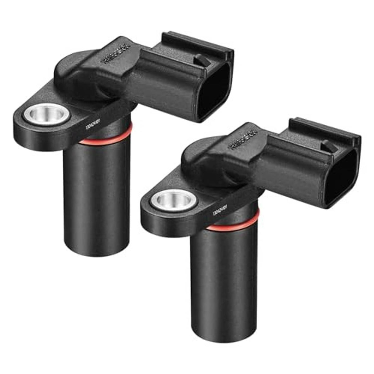 Two black camshaft position sensors with metal rings and red sealing bands