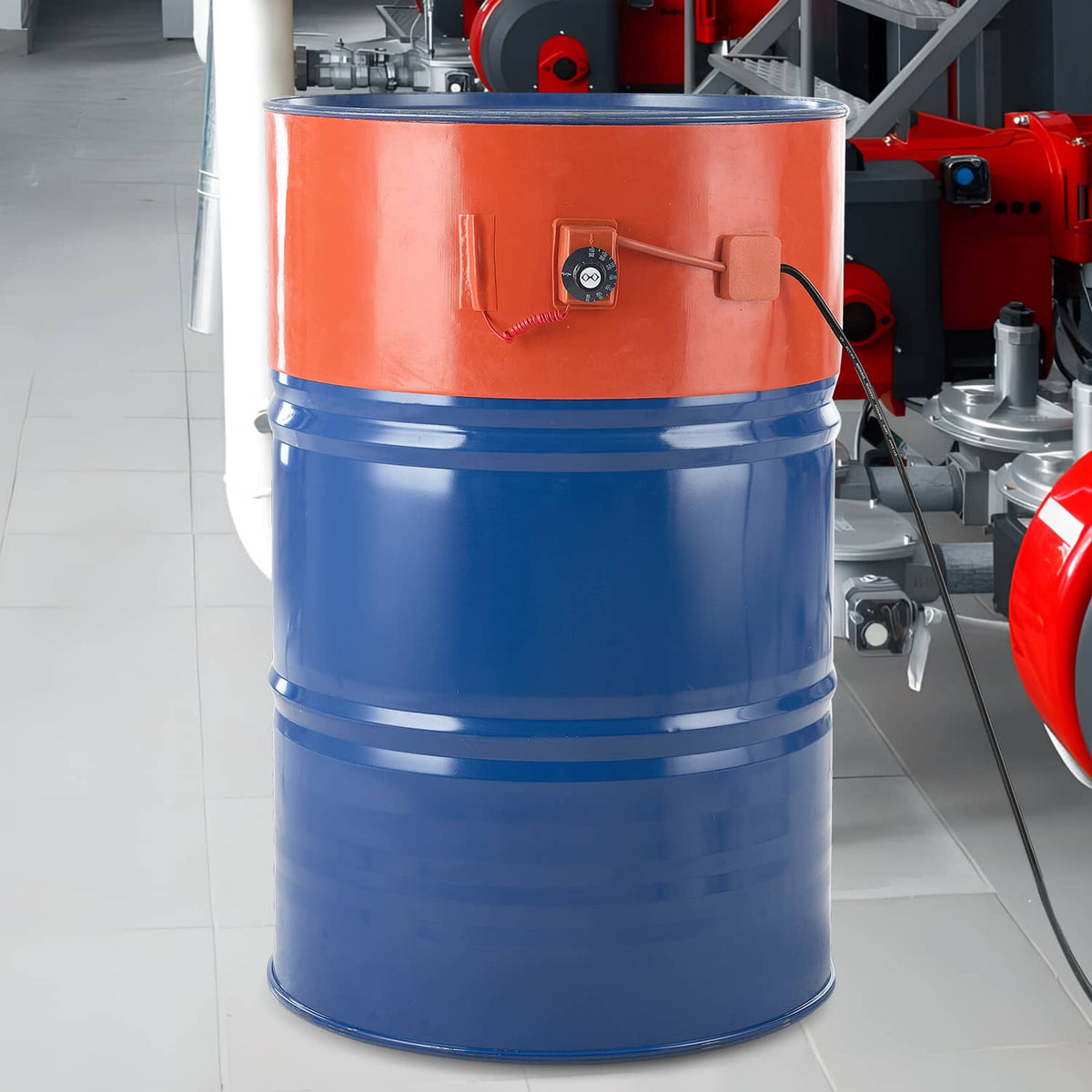 Orange-and-blue drum heater band with thermostat and connected power cord