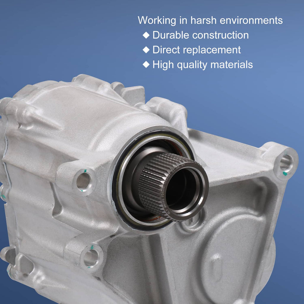 Transfer case assembly close-up showing black internal gear and silver aluminum housing