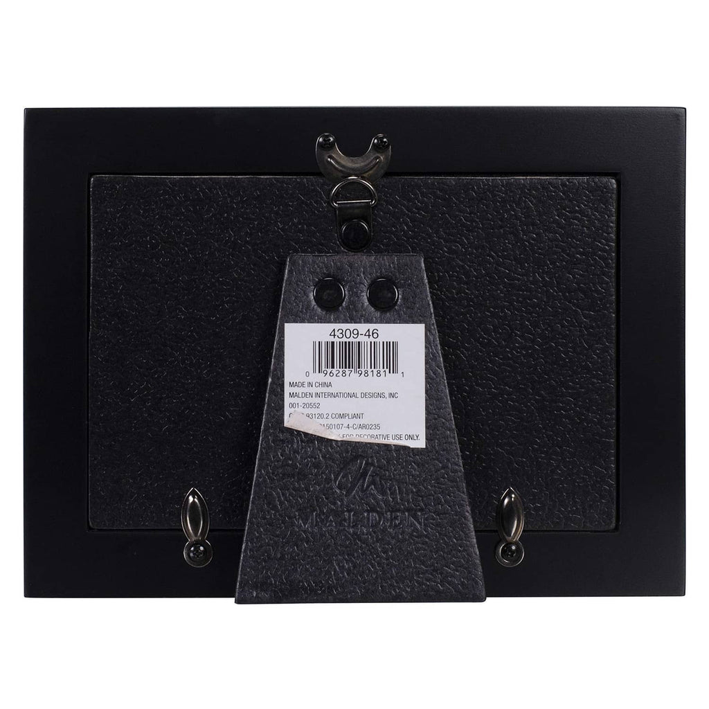 Black wood picture frame back with hanging hooks and label
