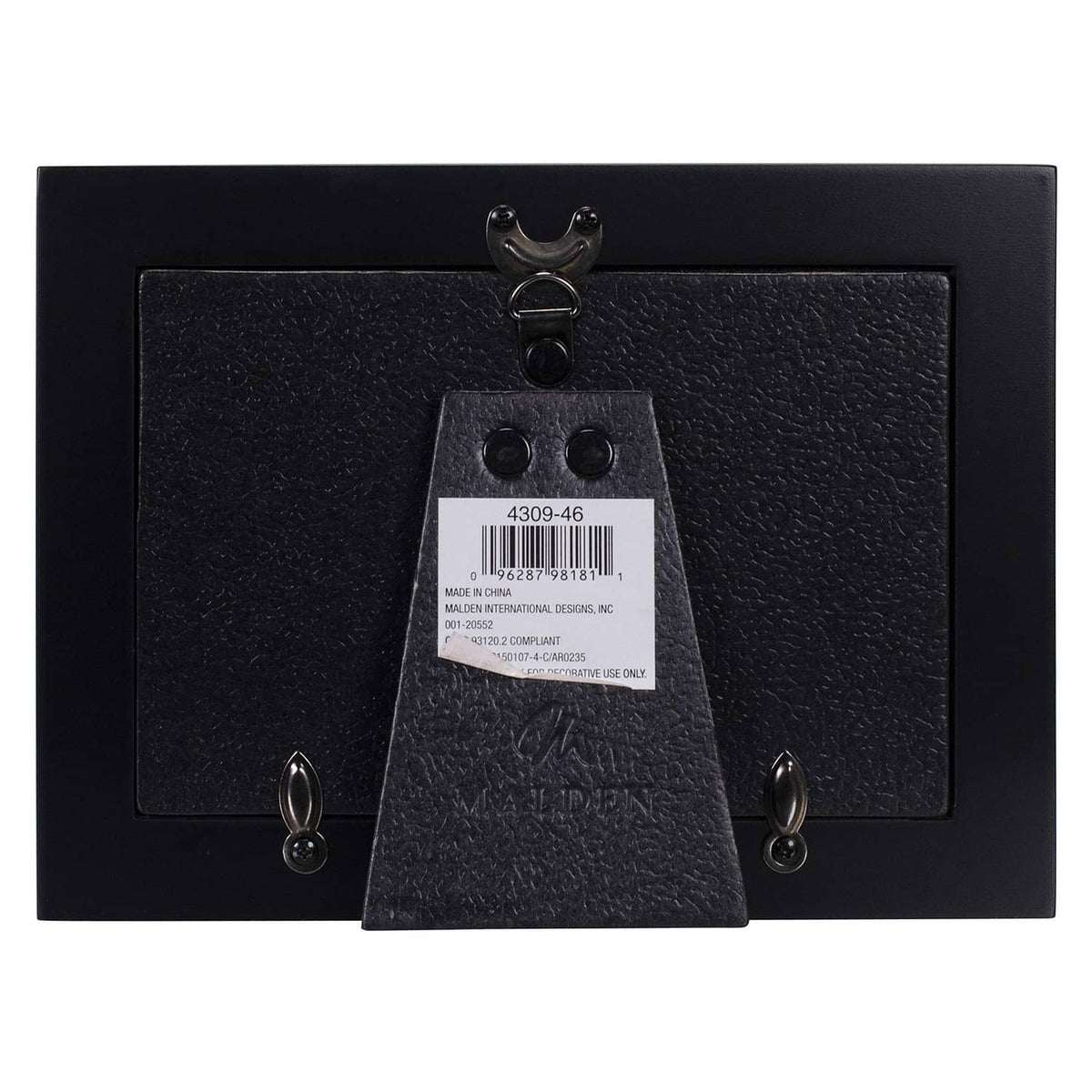 Black wood picture frame back with hanging hooks and label