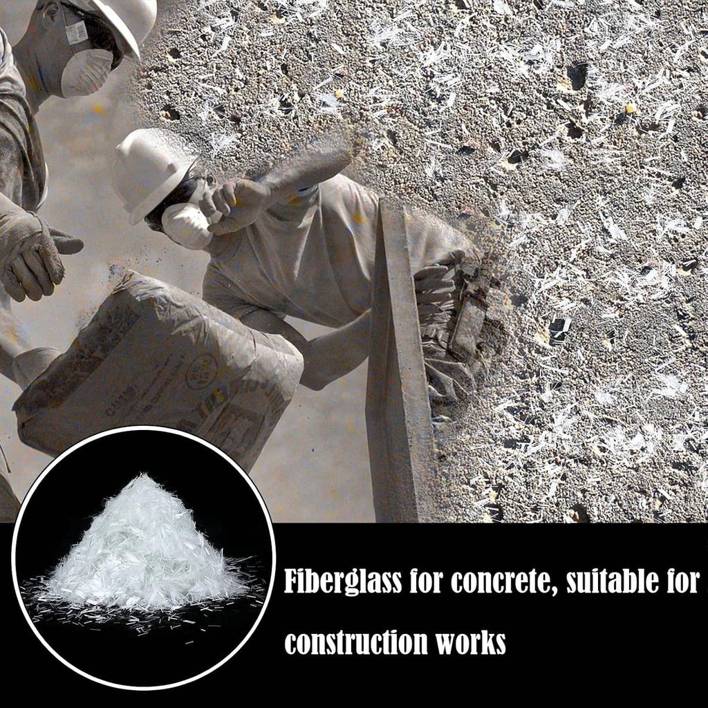 White fiberglass for concrete, loose fiber pile shown beside construction work