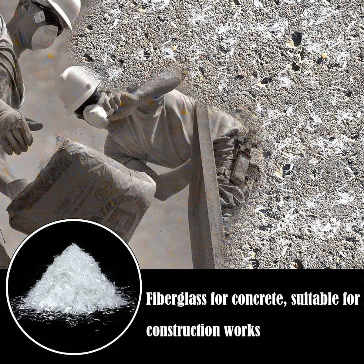 White fiberglass for concrete, loose fiber pile shown beside construction work