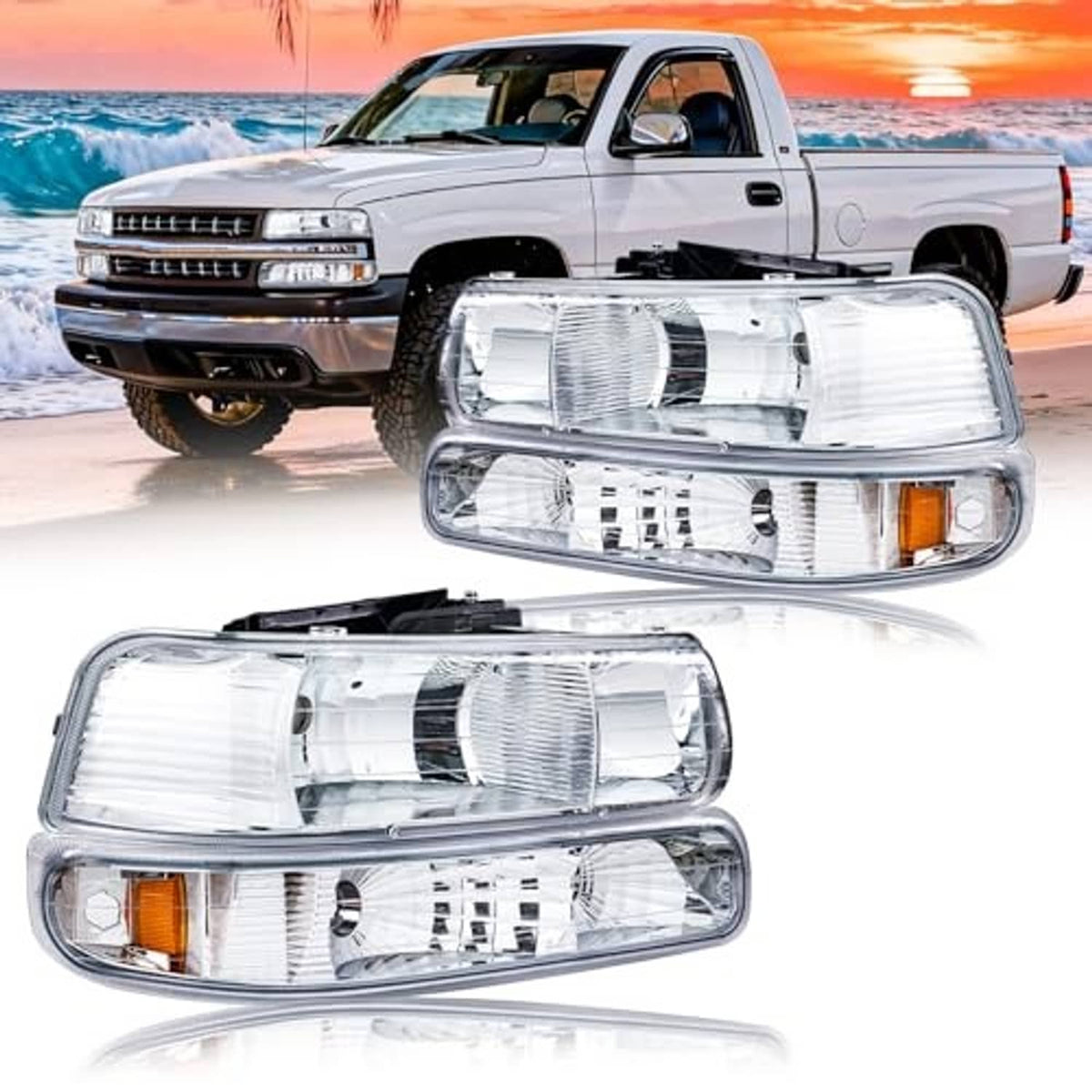 Front headlight on pickup truck with clear lens and amber reflector, chrome housing