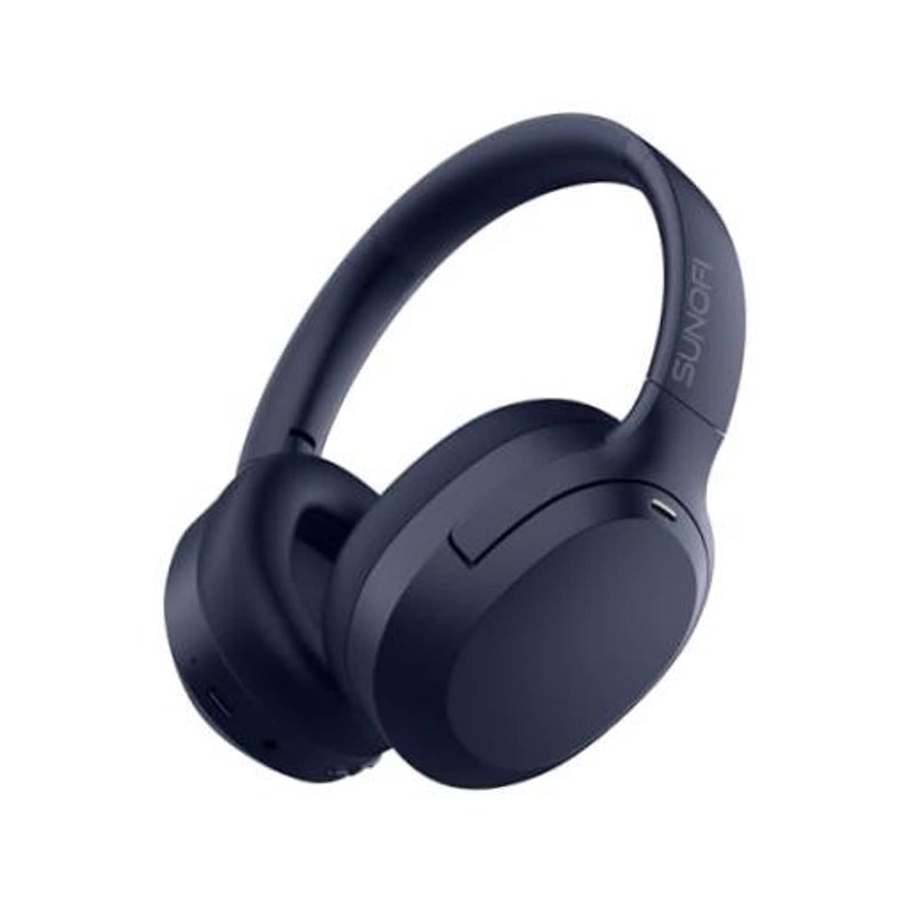 Dark blue over-ear wireless noise-cancelling headphones with padded headband and earcups