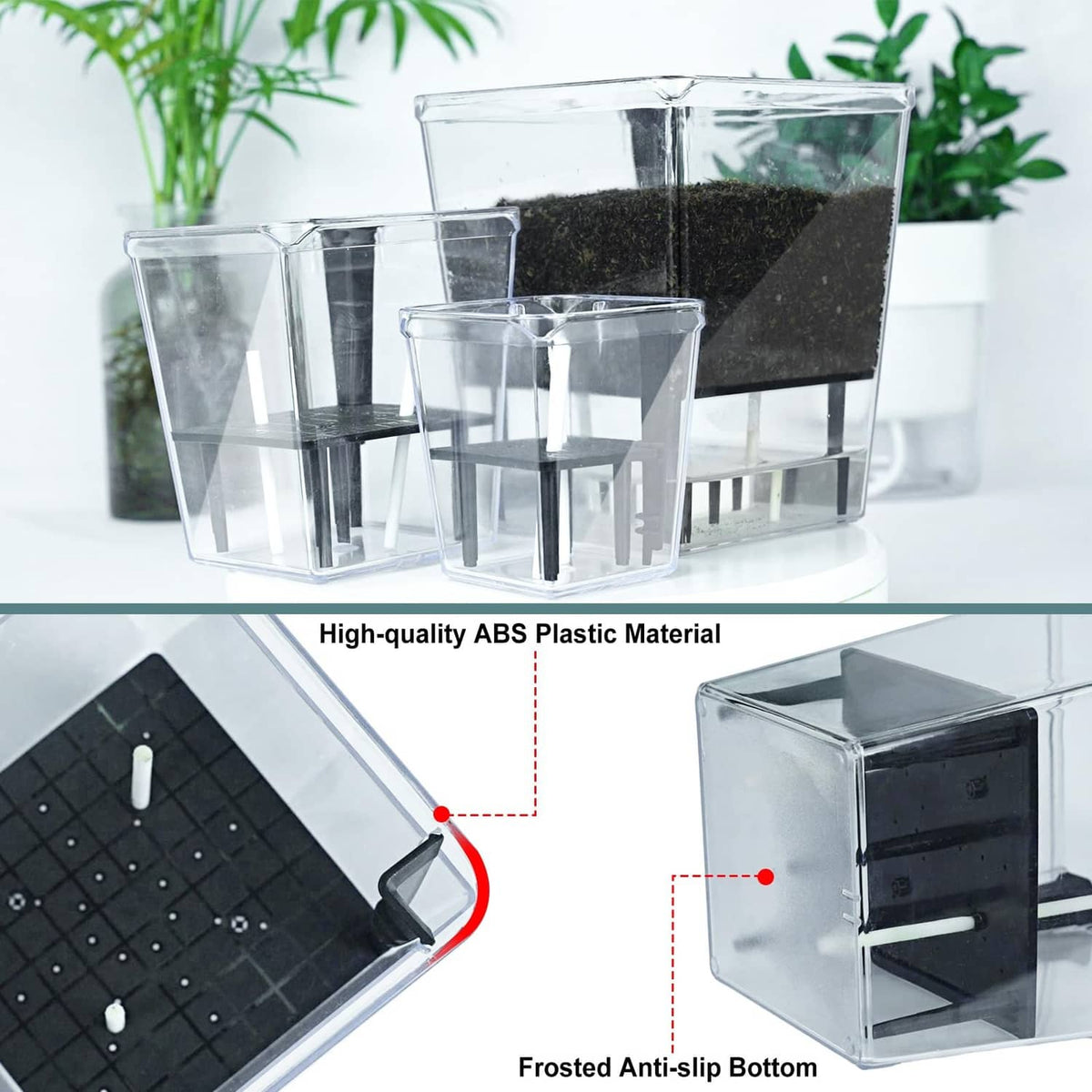 Three clear self-watering plant pots with frosted anti-slip bottoms and water basin