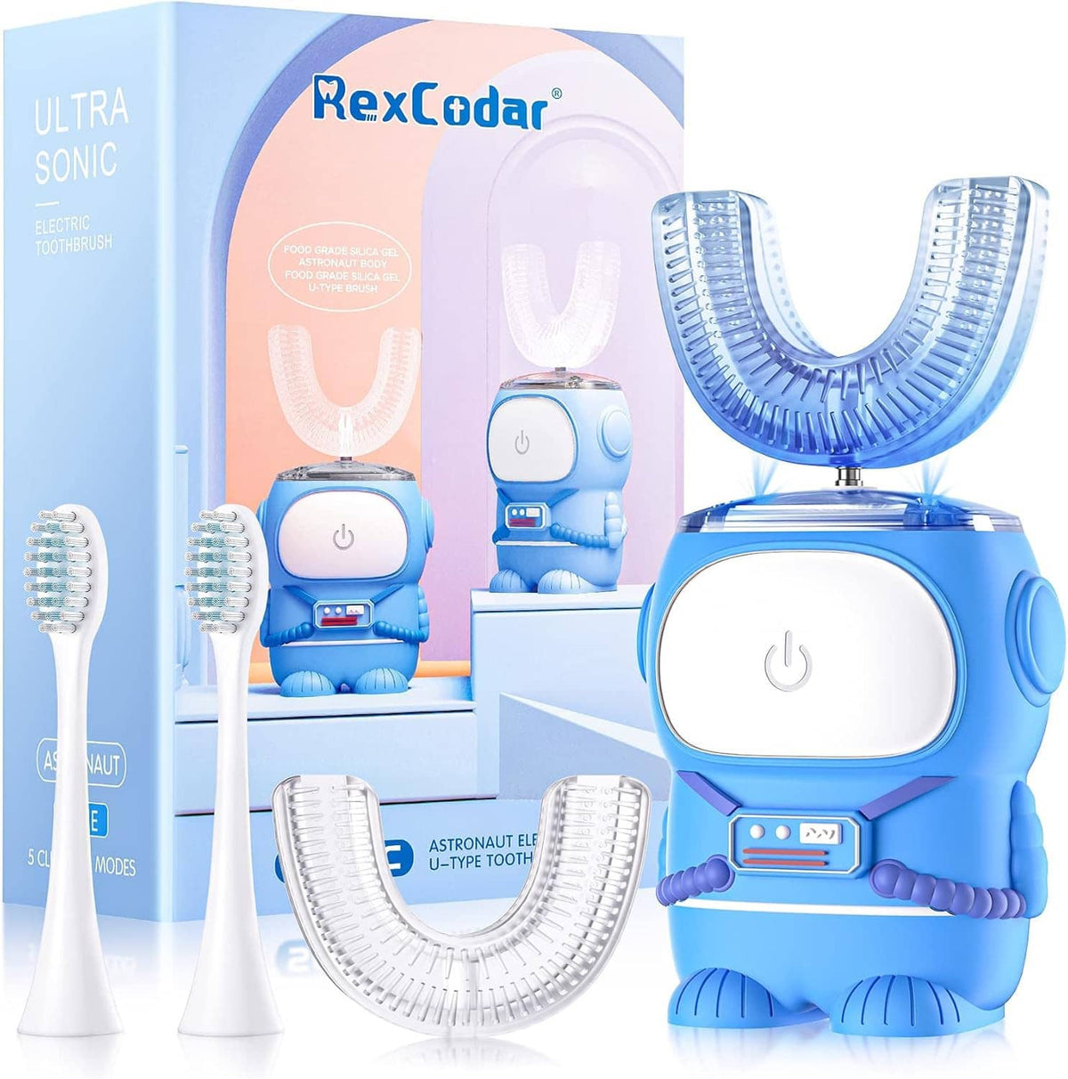 Blue kids U-shaped electric toothbrush with base and U-shaped cleaning head