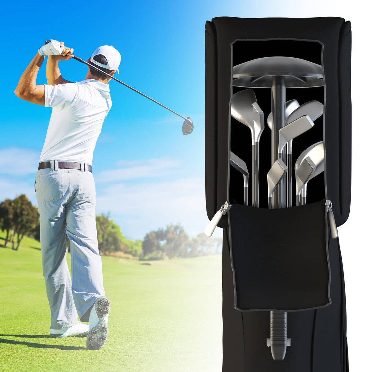 Black golf travel bag with inserted support pole holding clubs upright