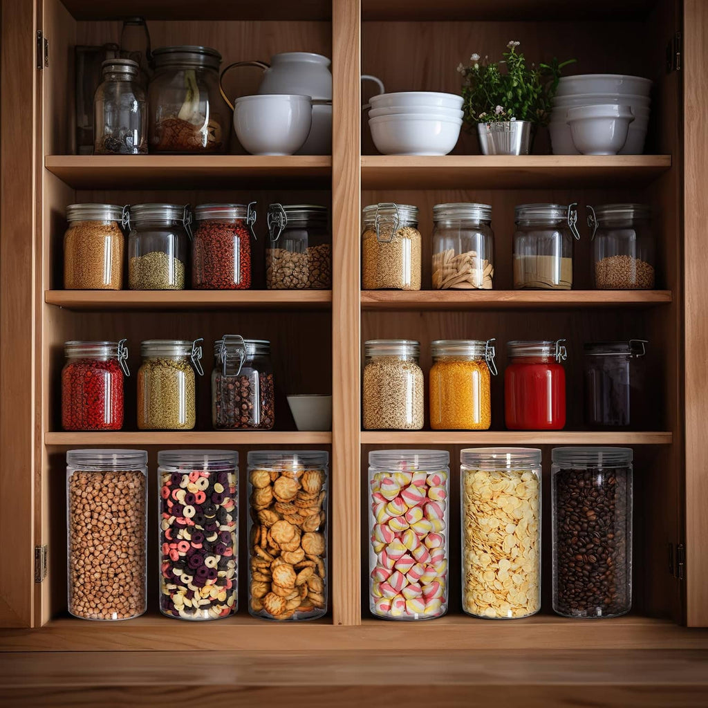 Multiple transparent clear plastic pantry jars with lids on open shelving