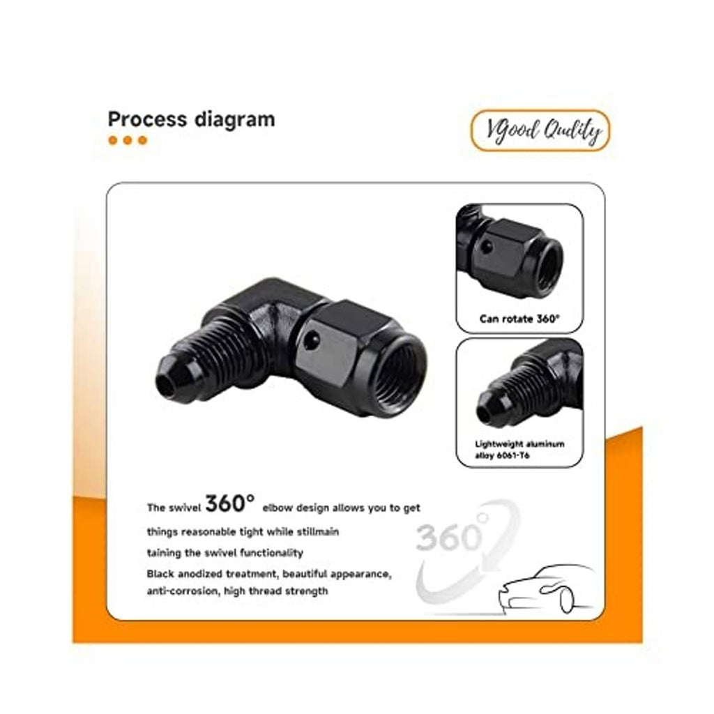 Black 90-degree AN swivel fitting adapter with threaded ends, shown diagram-style
