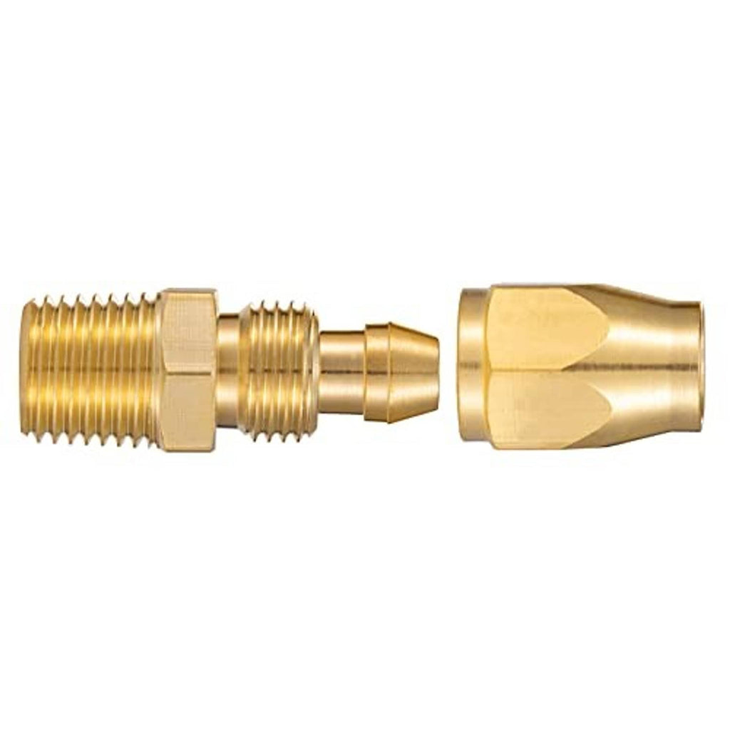 Solid brass 1/4 inch fitting with male threads and tapered outlet end, side view