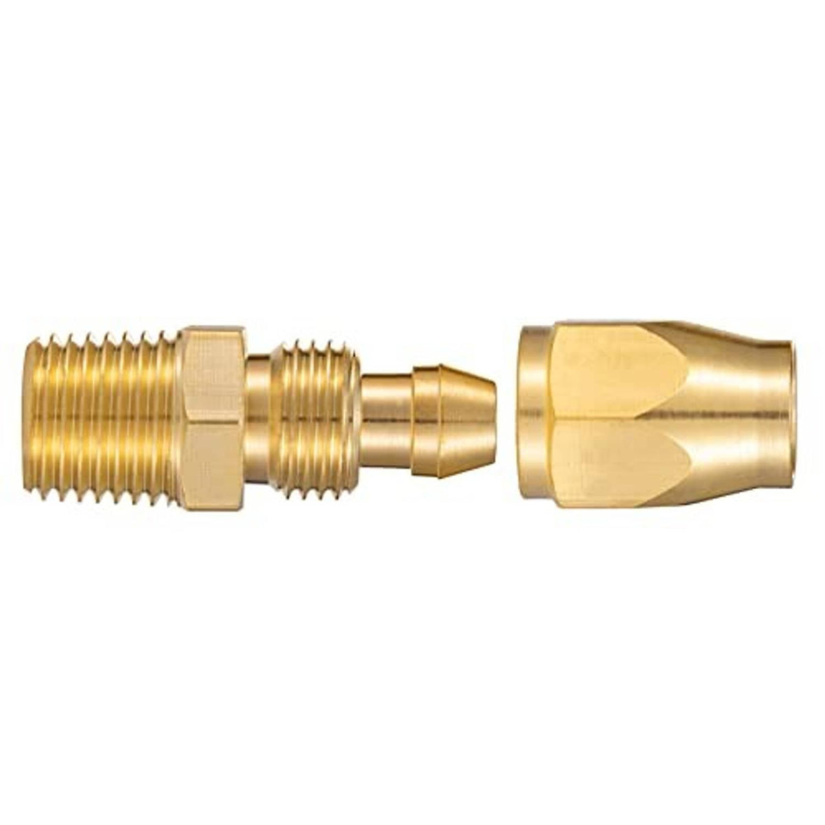 Solid brass 1/4 inch fitting with male threads and tapered outlet end, side view