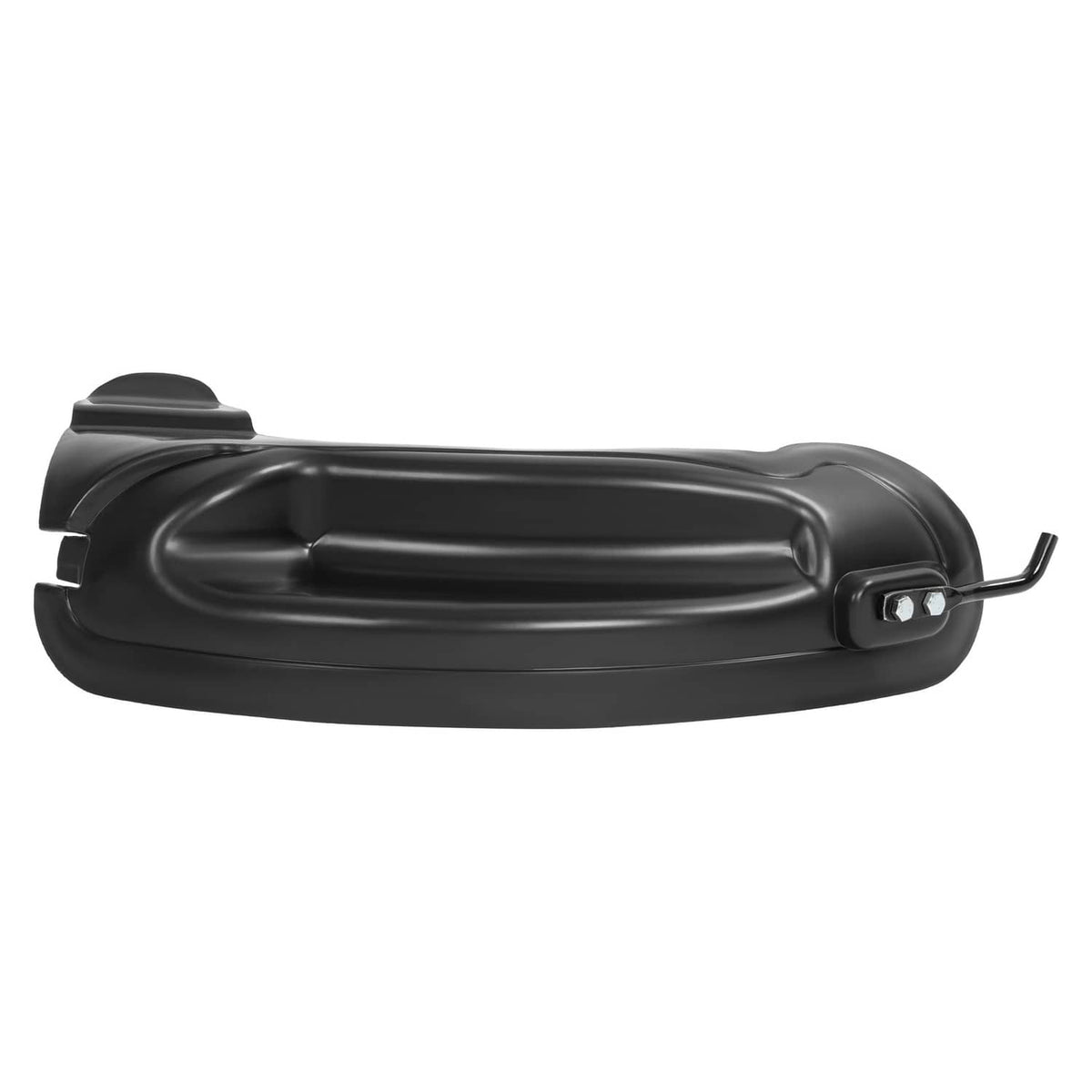 Black mulching blade with curved housing and side mounting handle