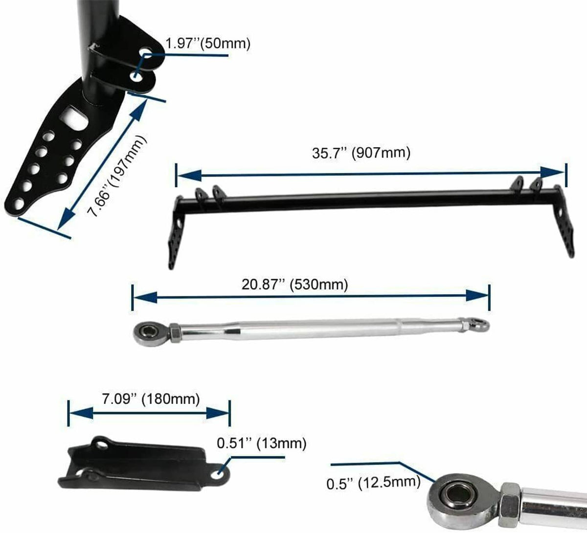 Tie bar and linkage kit with black brackets and silver rods, shown with measurements