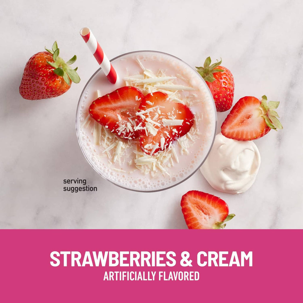 Strawberries and cream shake mix serving suggestion with strawberries and spoon
