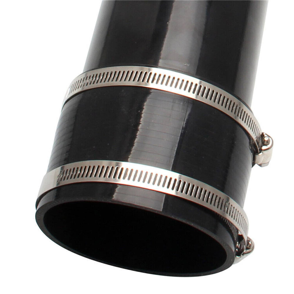 Close-up of black intake tube with silver band clamps securing hose connections
