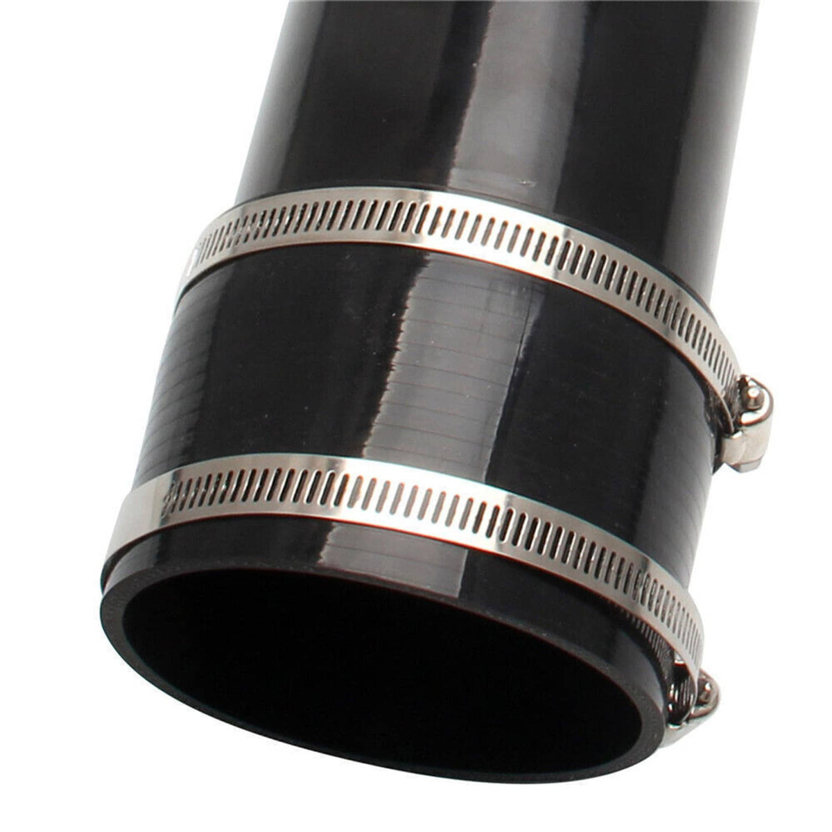 Close-up of black intake tube with silver band clamps securing hose connections