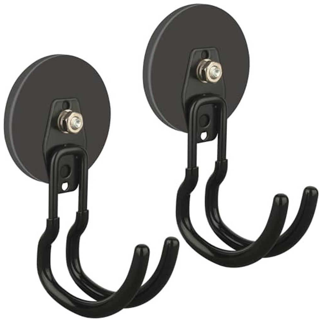 Set of black magnetic hooks with curved prongs and metal screw on round mounts