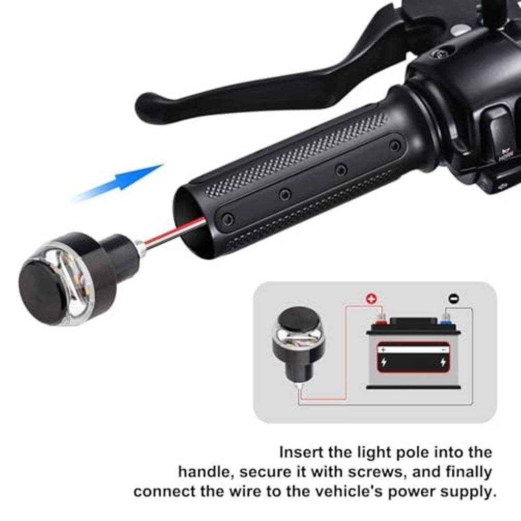 Motorcycle LED turn signal light with black handlebar mount housing and wiring leads