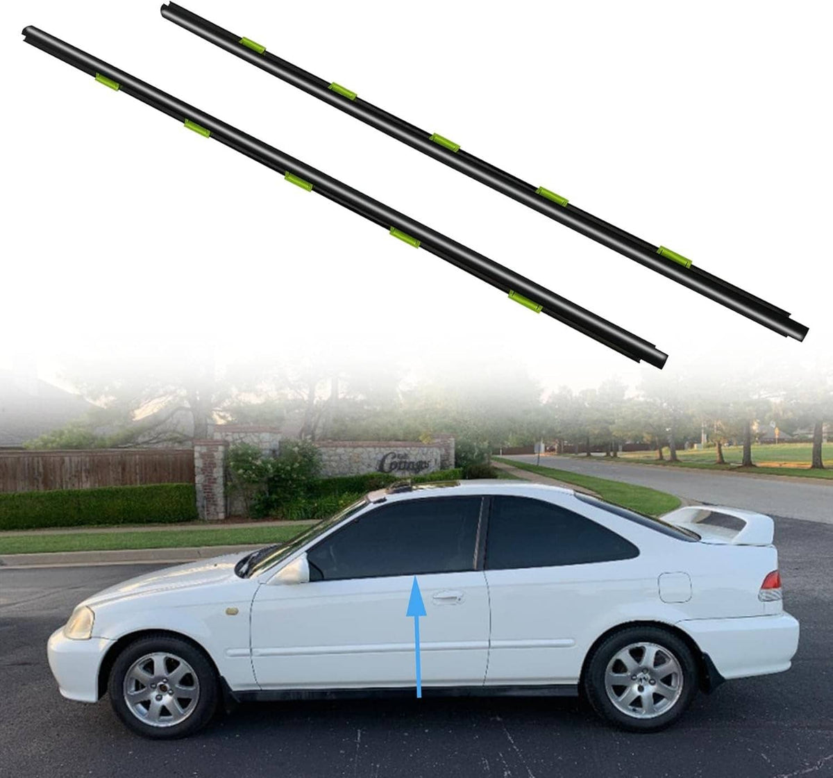 2-piece black window weather strip seal trim with green clip accents