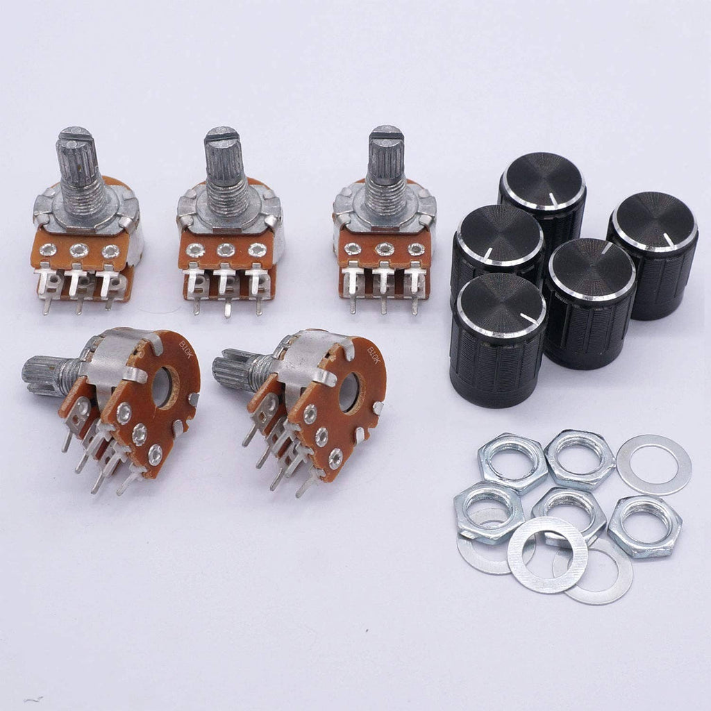 Potentiometers with metal shafts, orange mounting plates, black knobs, and washers