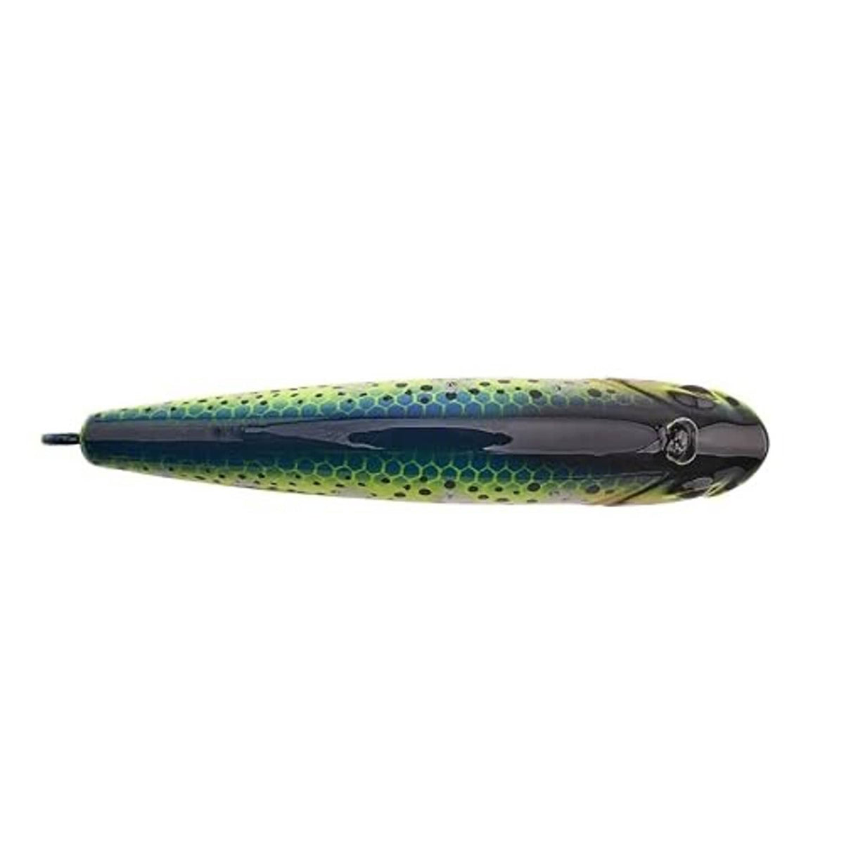 Berkley Finisher fishing lure side profile, dark back with green speckled belly