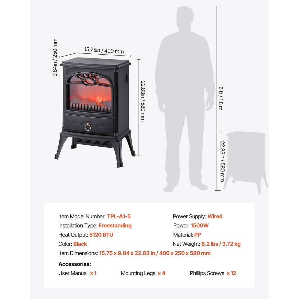 Black freestanding electric fireplace heater with dimensions diagram and control knob