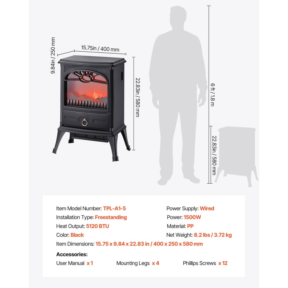 Black freestanding electric fireplace heater with dimensions diagram and control knob