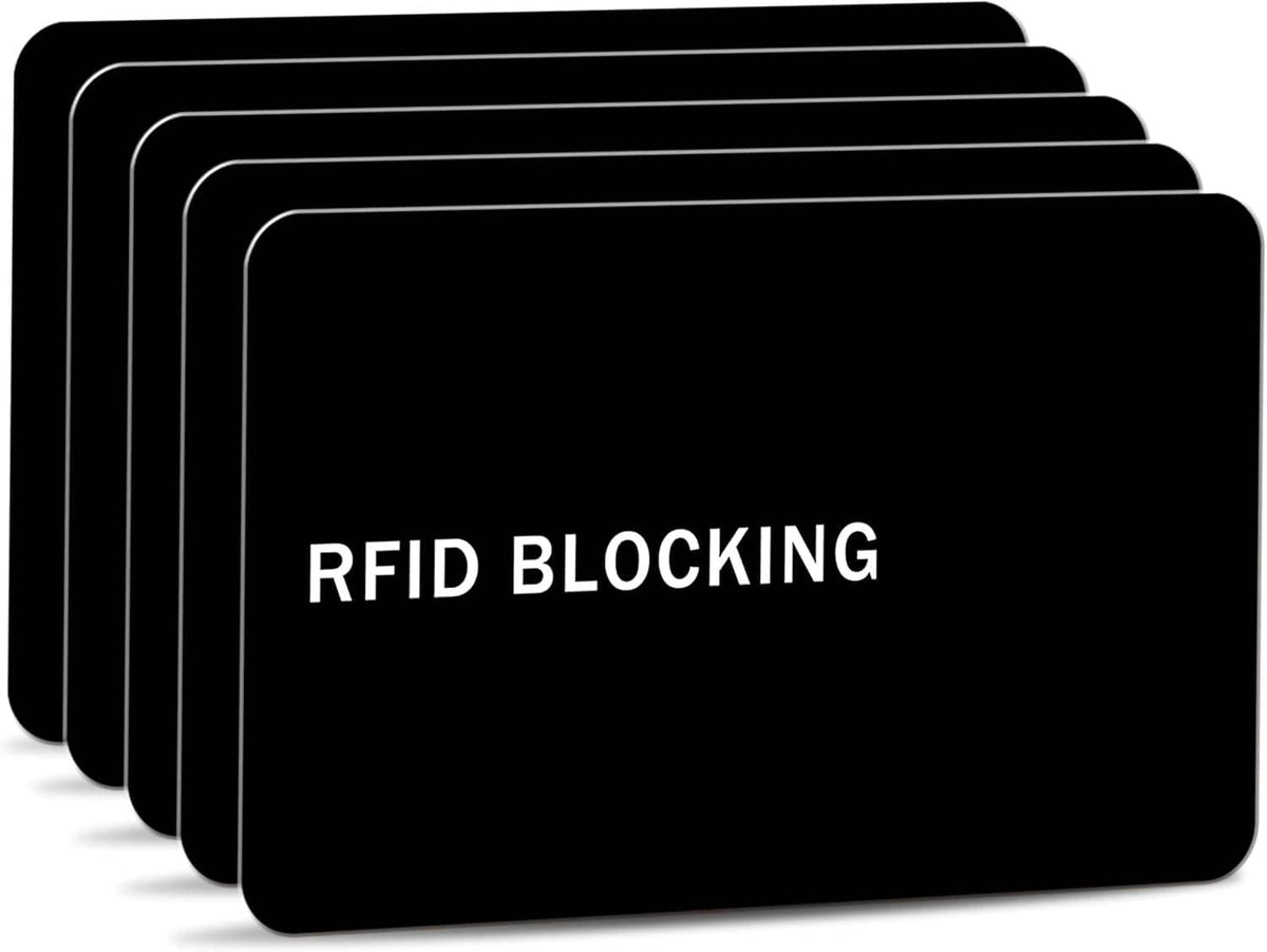 5-pack RFID blocking cards, black with 'RFID BLOCKING' text