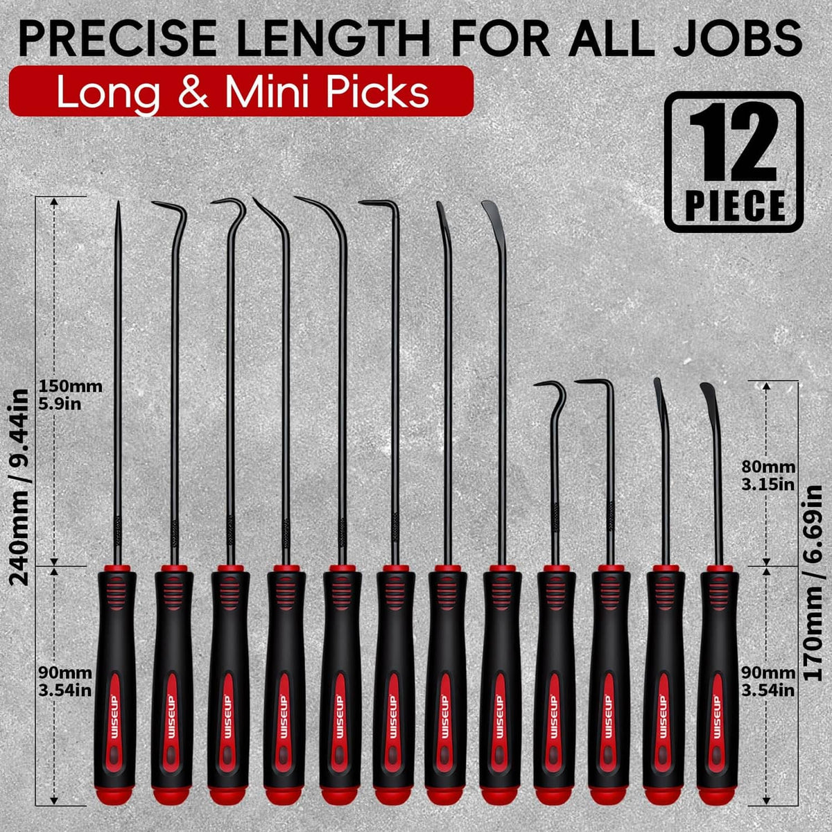 Long and mini hook and pick tools set, 12 pieces, black-red handles with curved tips.