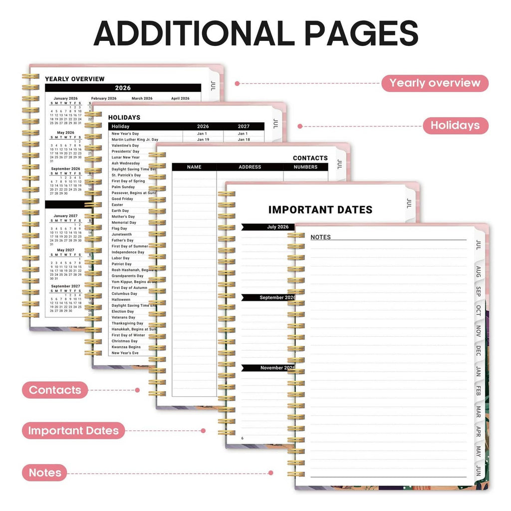 Planner additional pages showing yearly overview, contacts, important dates, and notes sections