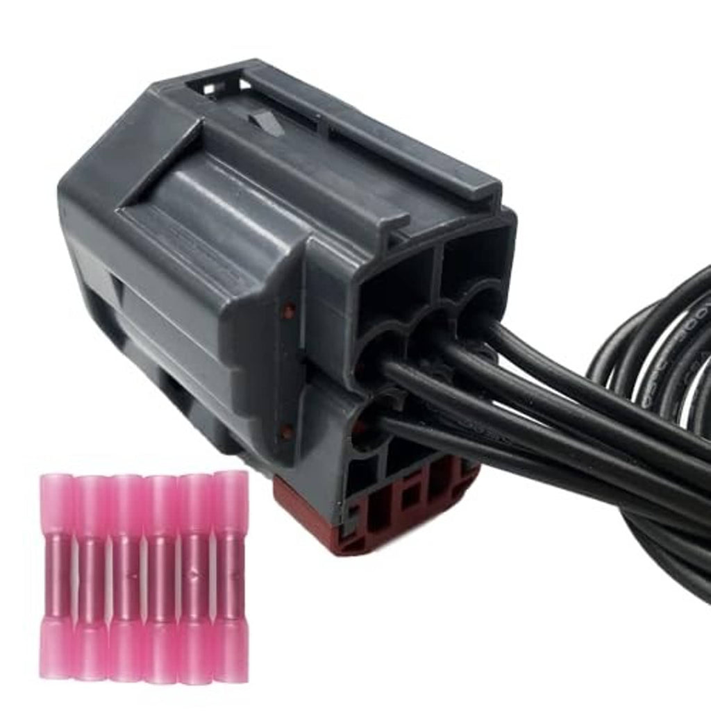 Headlight connector harness pigtail with black wires, gray housing, and pink crimp sleeves
